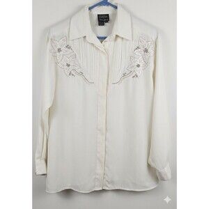 Vintage Erena by Irene Koenig White Embroidered Pleated Blouse"90s, Sz10
